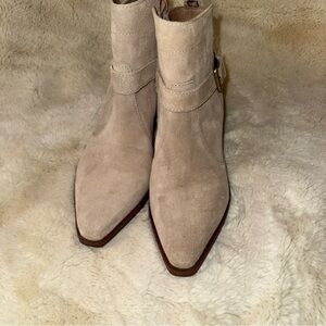 ANTONIO MELANI Taupe Suede Pointed Ankle Booties with Buckle